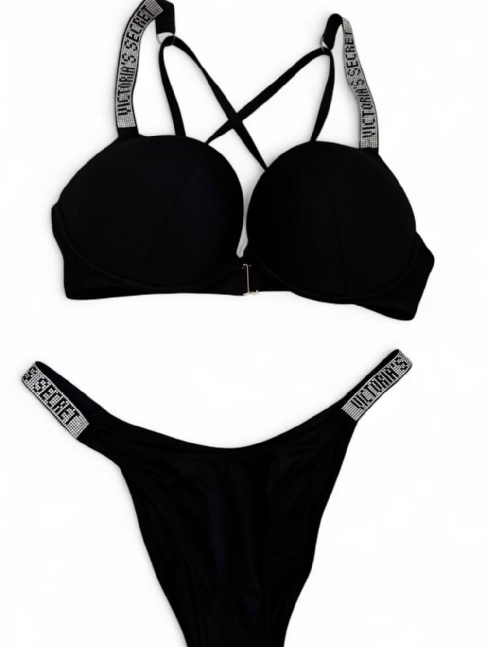 Victoria's Secret Black Logo-Trim Push-Up Bra & Thong Set - Crisscross Straps